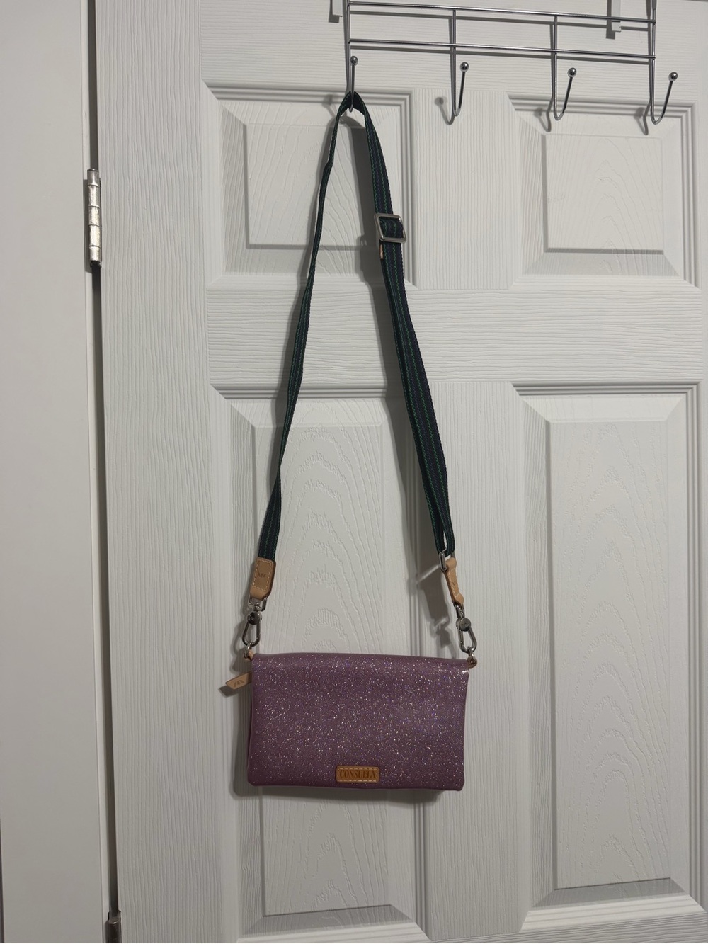Consuela Pink Glitter Crossbody with Green Strap